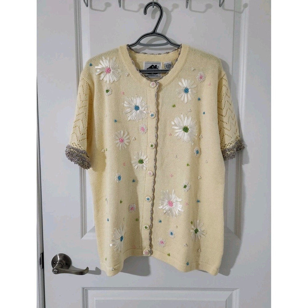 Storybook Knits Sweater Cardigan Short Sleeve‎ Daisy Spots  Grandma Core Size L